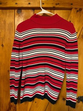 Karen Scott Red, Black & White Striped Turtleneck Sweater